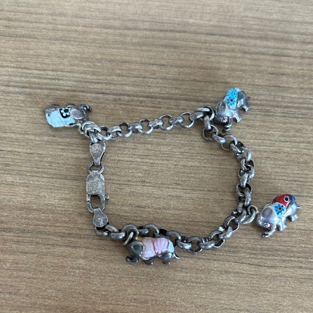 RARE Alan K Italy 925 Sterling Silver Millefiori Glass Elephant Charm Bracelet